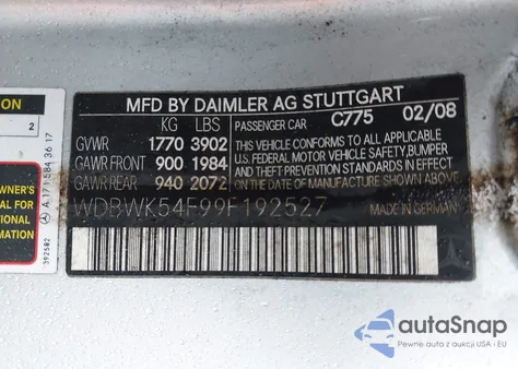 2009 Mercedes-Benz Slk 300 from USA, damaged, VIN WDBWK54F99F192527
